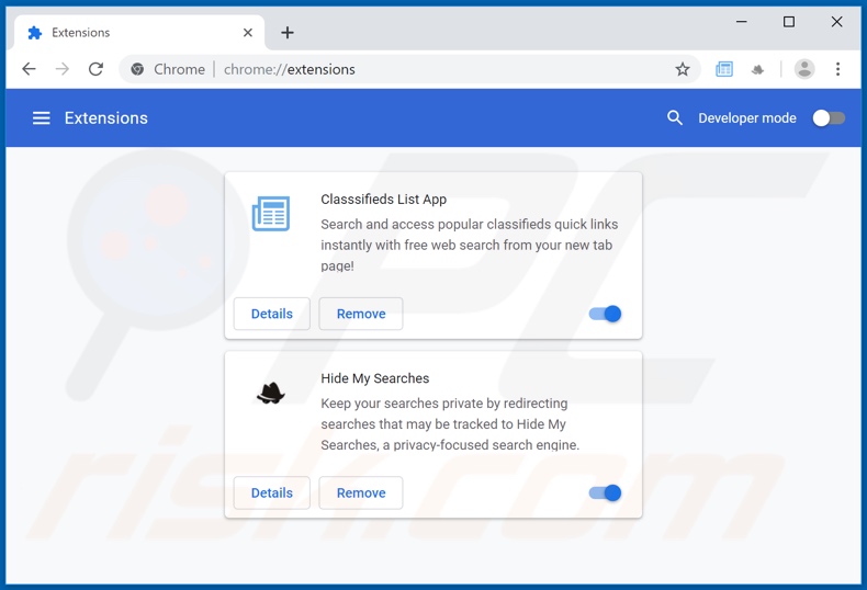 Removing search.hclassifiedslist1.com related Google Chrome extensions