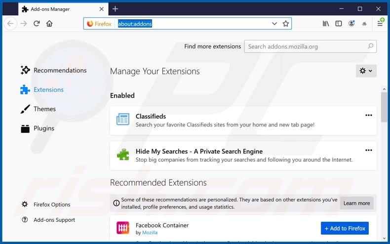 Removing search.hclassifiedslist1.com related Mozilla Firefox extensions