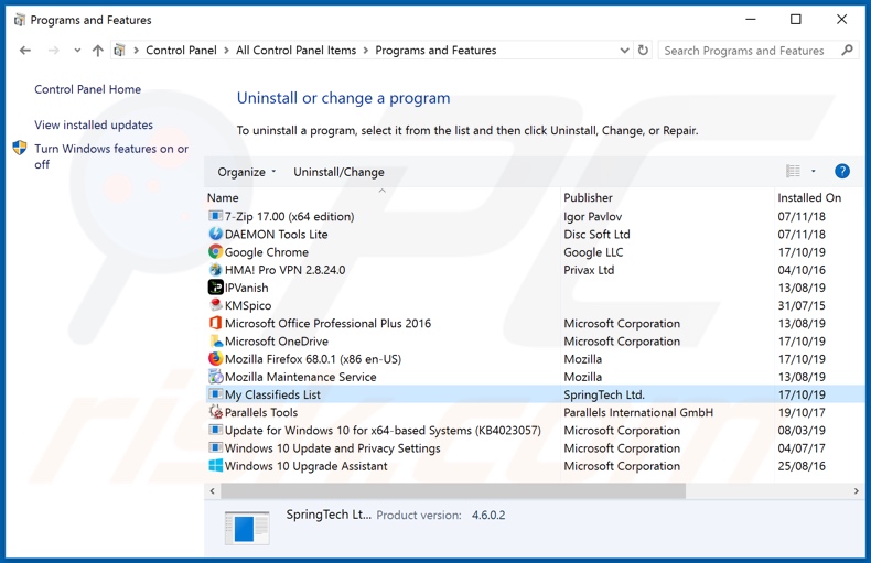 search.hclassifiedslist1.com browser hijacker uninstall via Control Panel