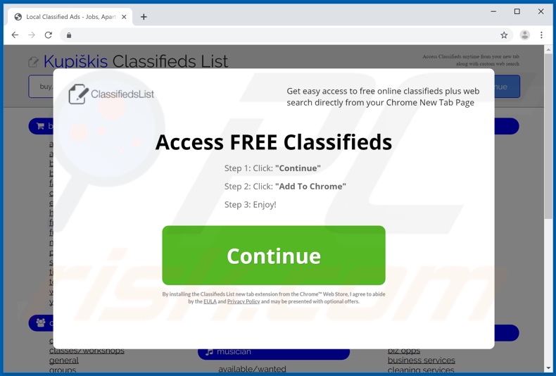 Website used to promote Classsifieds List App browser hijacker
