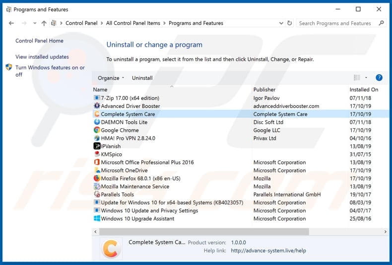 Complete System Care adware uninstall via Control Panel