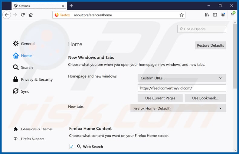 Removing feed.convertmyvid.com from Mozilla Firefox homepage