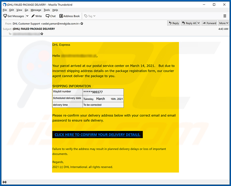 DHL Express-themed spam email promoting a phishing site (2021-03-15)