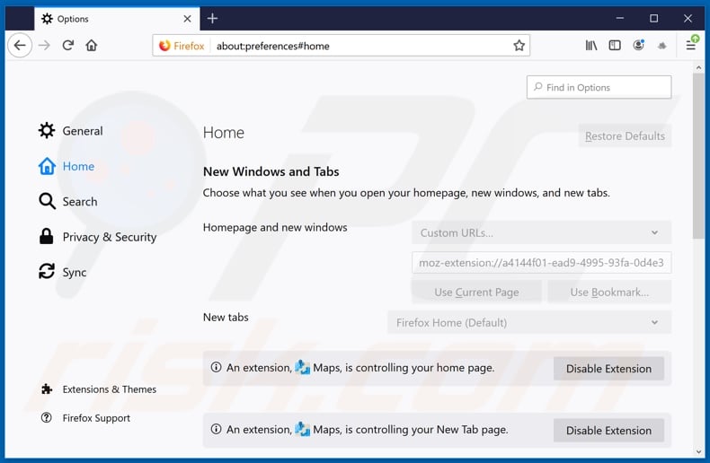 Removing search.directionsmapsfindertab.com from Mozilla Firefox homepage
