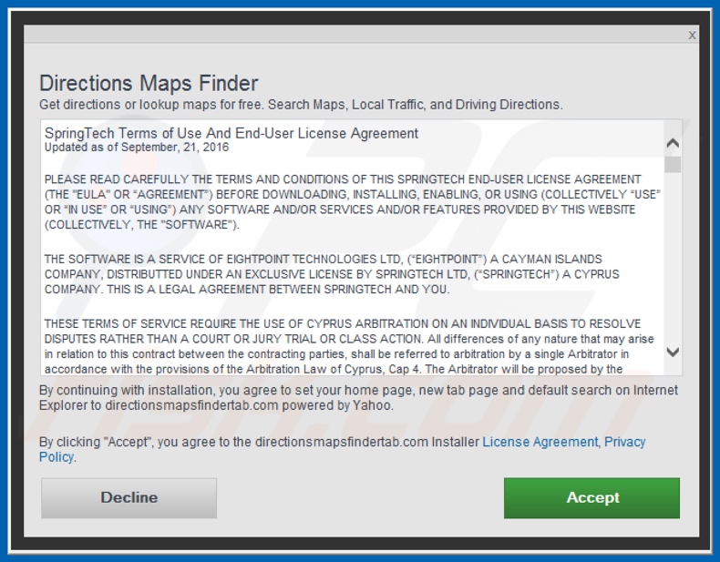 Official Directions Maps Finder browser hijacker installation setup