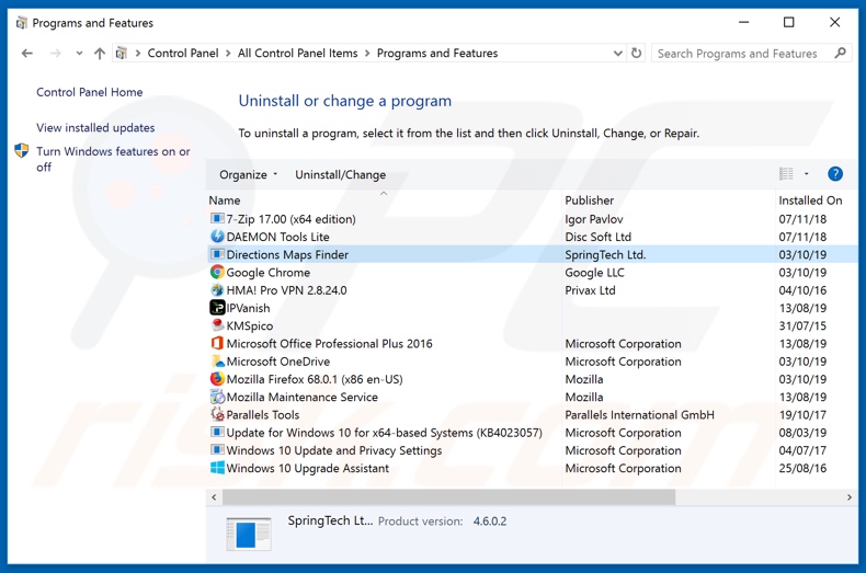 search.directionsmapsfindertab.com browser hijacker uninstall via Control Panel