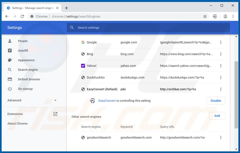 Removing srchbar.com from Google Chrome default search engine