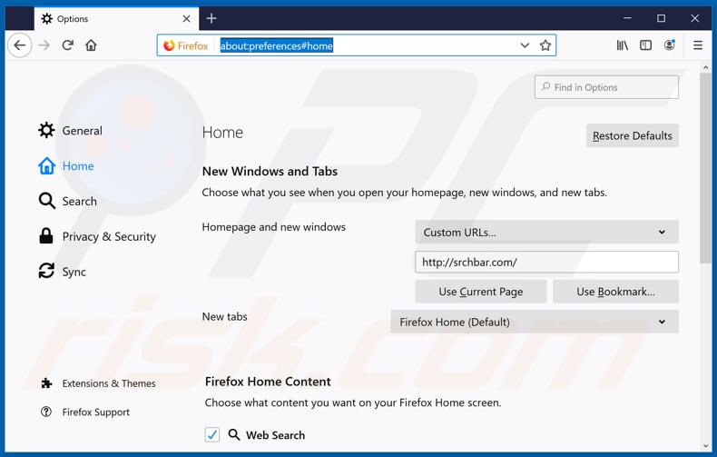 Removing srchbar.com from Mozilla Firefox homepage