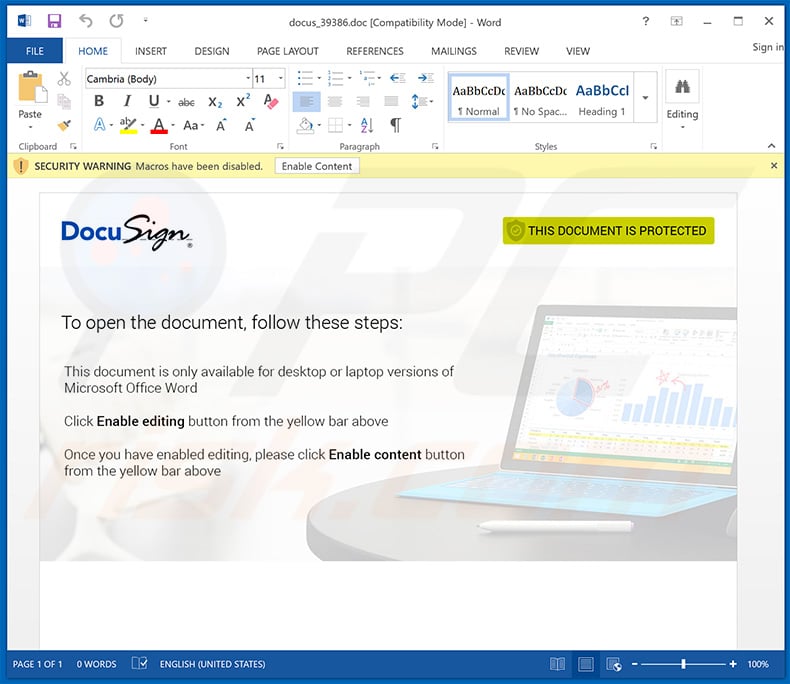 DocuSign email spam campaign distributin Hancitor trojan