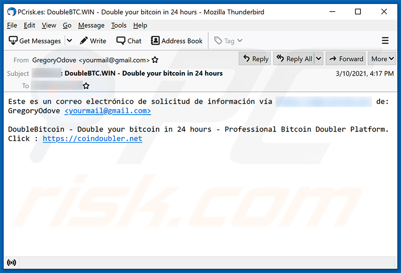 Spam email used to promote Double Your BTC scam website (2021-03-15)