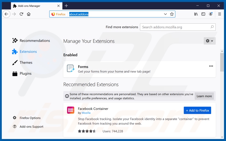 Removing search.easyformsnowtab.com related Mozilla Firefox extensions