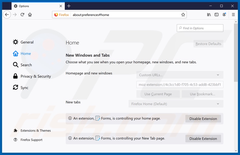 Removing search.easyformsnowtab.com from Mozilla Firefox homepage