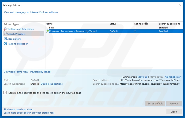 Removing search.easyformsnowtab.com from Internet Explorer default search engine