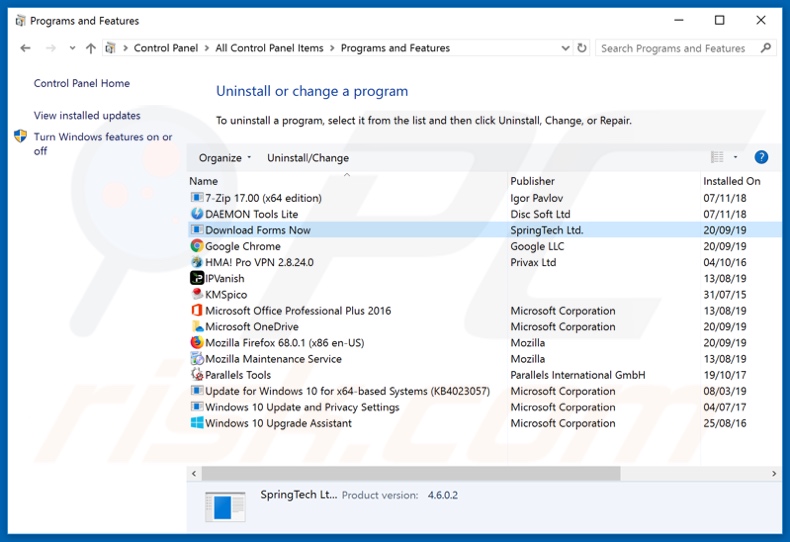 search.easyformsnowtab.com browser hijacker uninstall via Control Panel