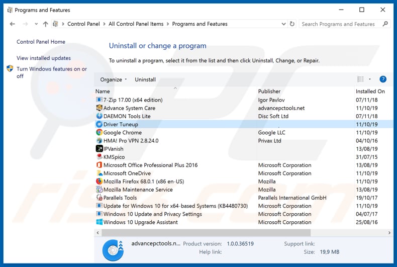 Driver Tuneup adware uninstall via Control Panel