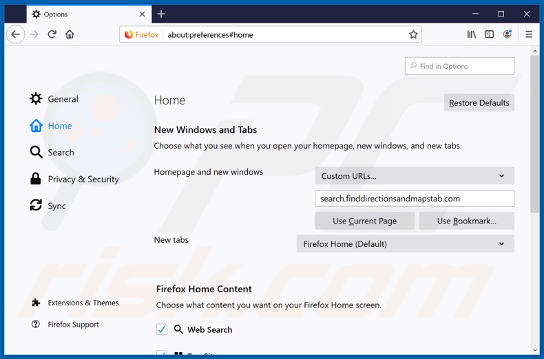 Removing search.finddirectionsandmapstab.com from Mozilla Firefox homepage