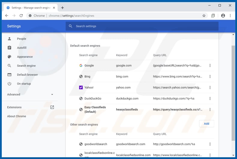 Removing hp.heasyclassifieds.co from Google Chrome default search engine