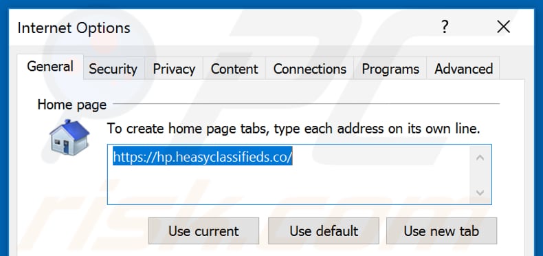 Removing hp.heasyclassifieds.co from Internet Explorer homepage