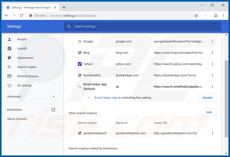 Removing search.emailhelperapptab.com from Google Chrome default search engine