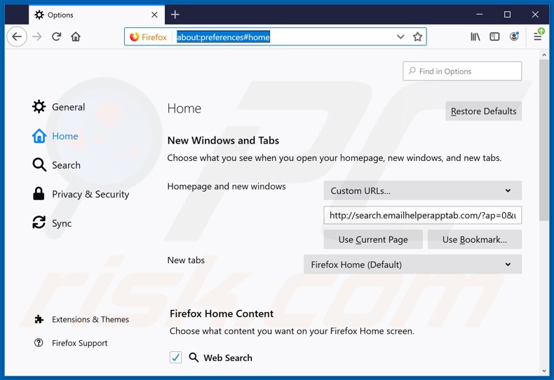 Removing search.emailhelperapptab.com from Mozilla Firefox homepage