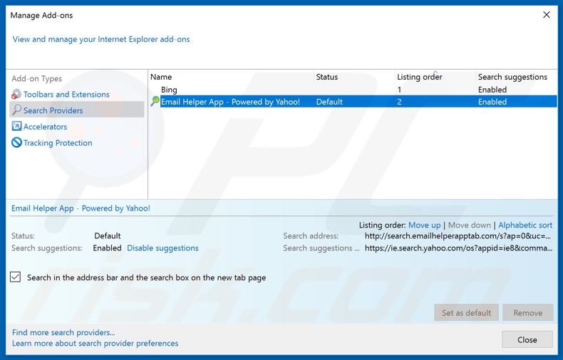 Removing search.emailhelperapptab.com from Internet Explorer default search engine