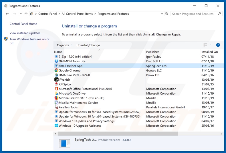 search.emailhelperapptab.com browser hijacker uninstall via Control Panel