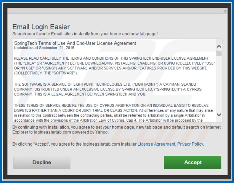 Email Login Easier browser hijacker installation setup
