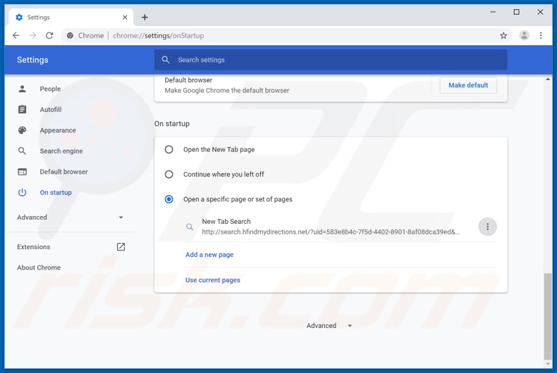 Removing search.hfindmydirections.net from Google Chrome homepage