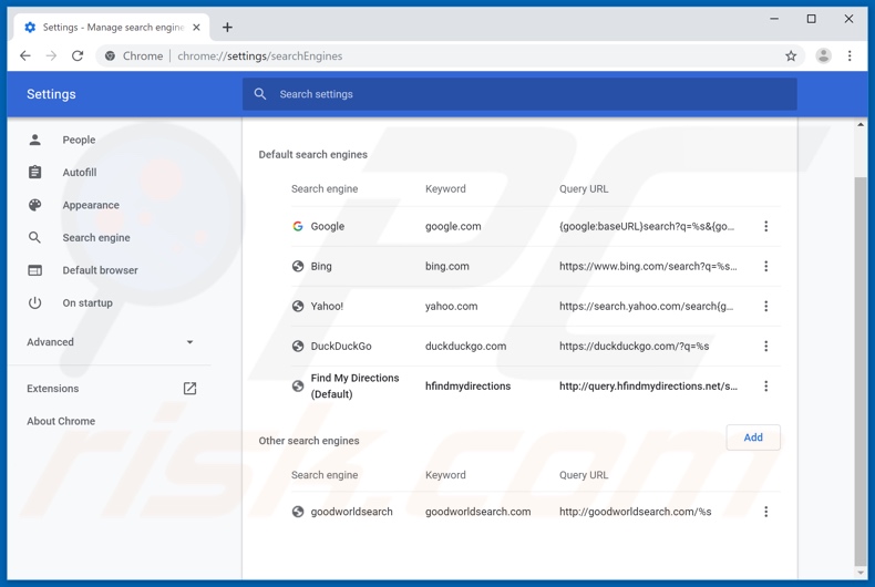 Removing search.hfindmydirections.net from Google Chrome default search engine