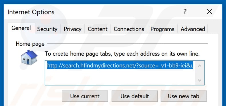 Removing search.hfindmydirections.net from Internet Explorer homepage