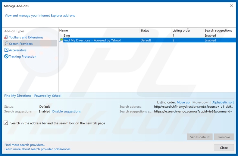 Removing search.hfindmydirections.net from Internet Explorer default search engine