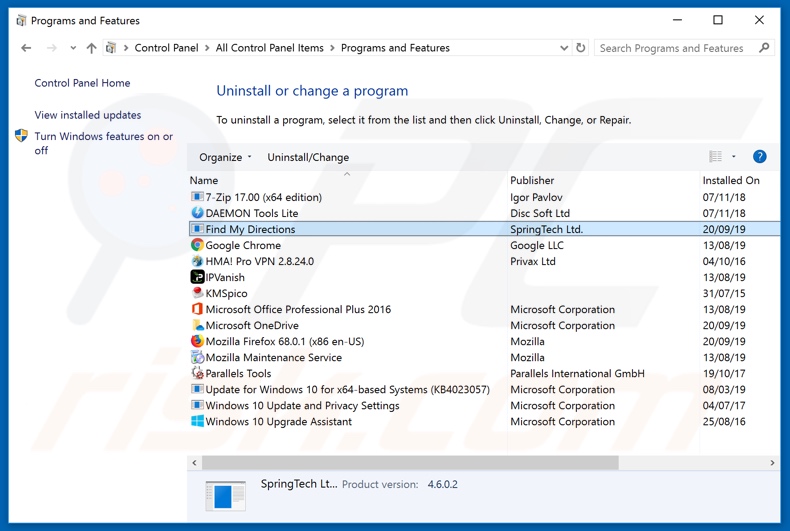 search.hfindmydirections.net browser hijacker uninstall via Control Panel