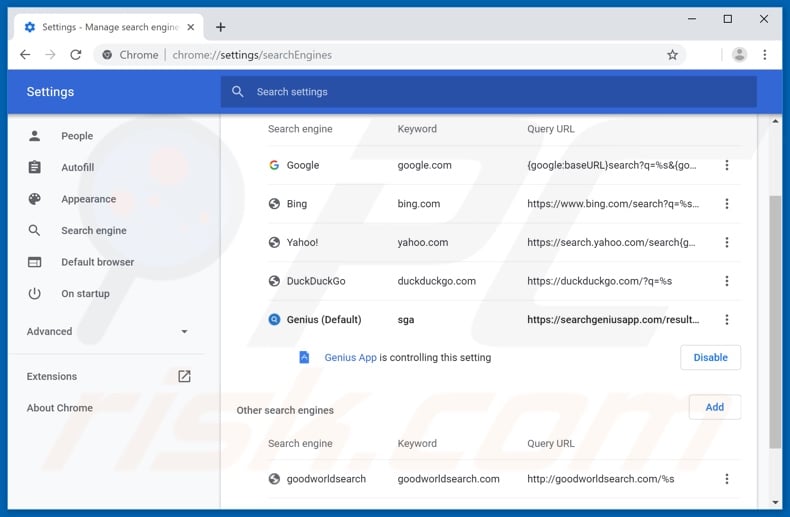 Removing searchgeniusapp.com from Google Chrome default search engine