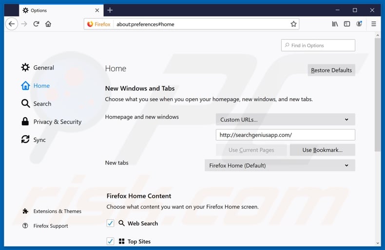 Removing searchgeniusapp.com from Mozilla Firefox homepage