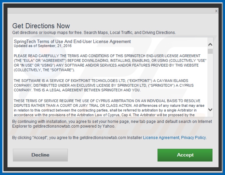 Official Get Directions Now browser hijacker installation setup
