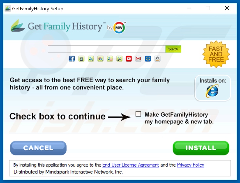 Official GetFamilyHistory browser hijacker installation setup