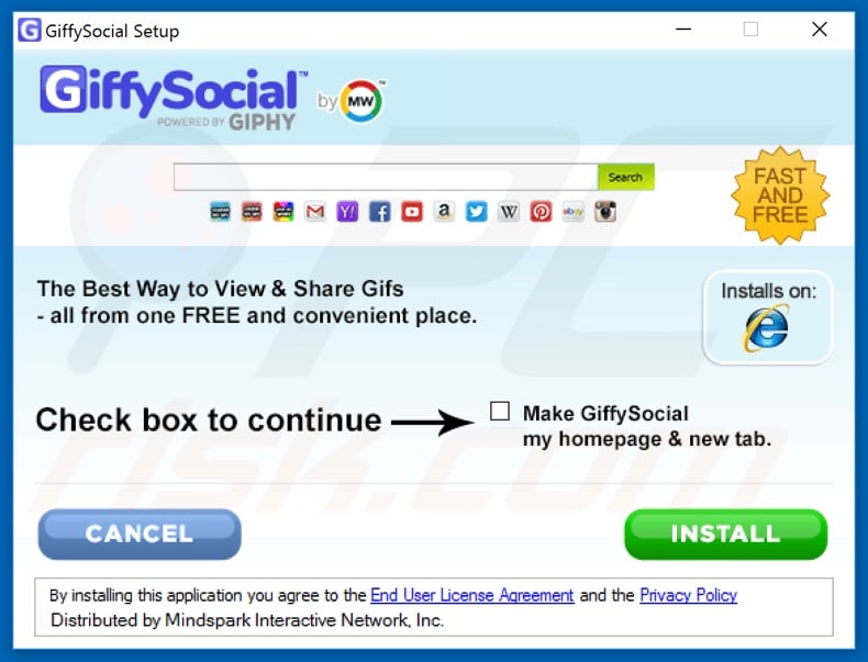 Official GiffySocial browser hijacker installation setup