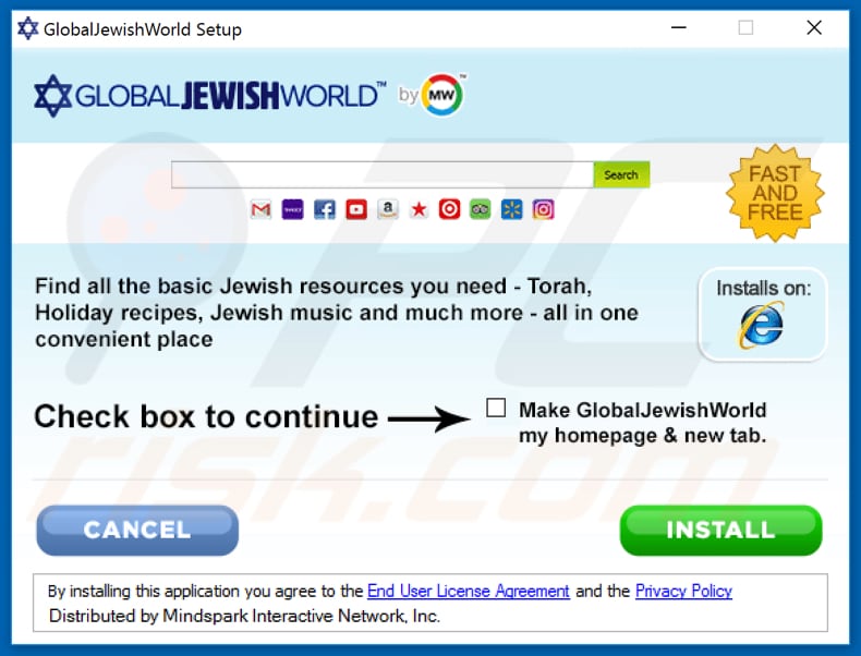 Official GlobalJewishWorld browser hijacker installation setup
