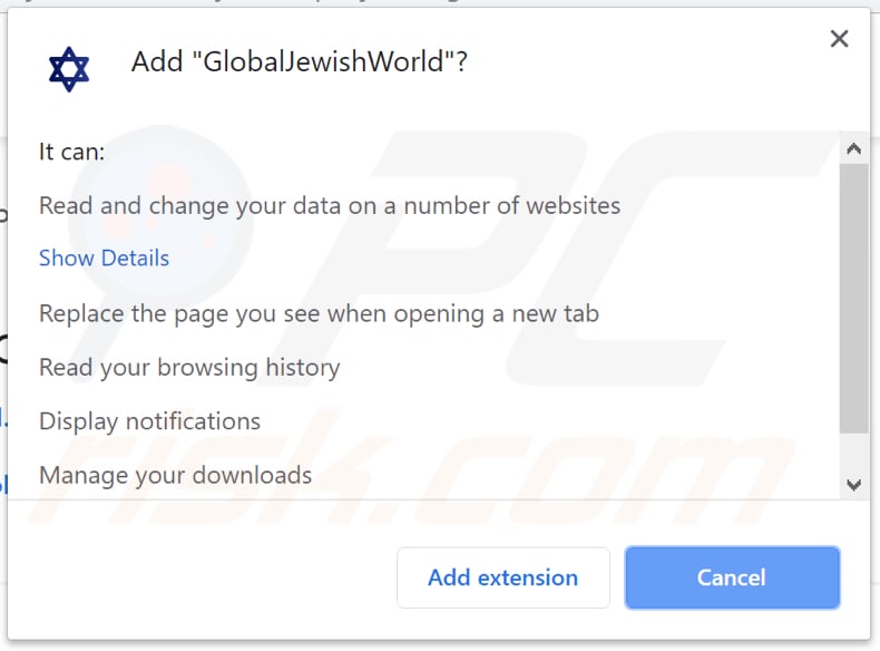 GlobalJewishWorld asks for permission to access various data