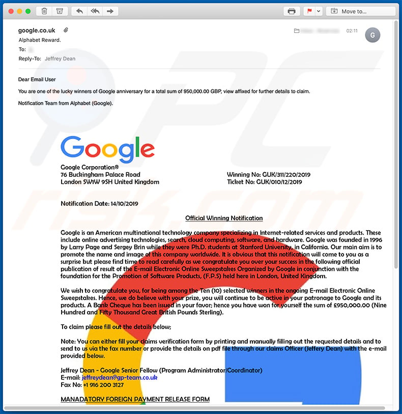 Goole Winner email spam campaign
