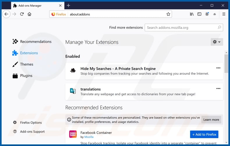 Removing search.getfreetranslationstab.com related Mozilla Firefox extensions