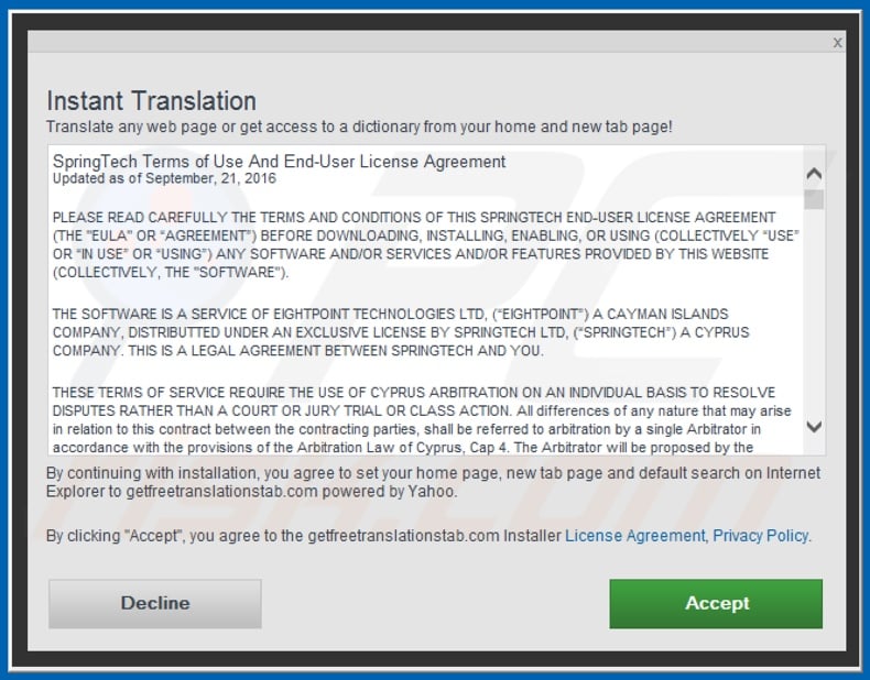 Official Instant Translation browser hijacker installation setup