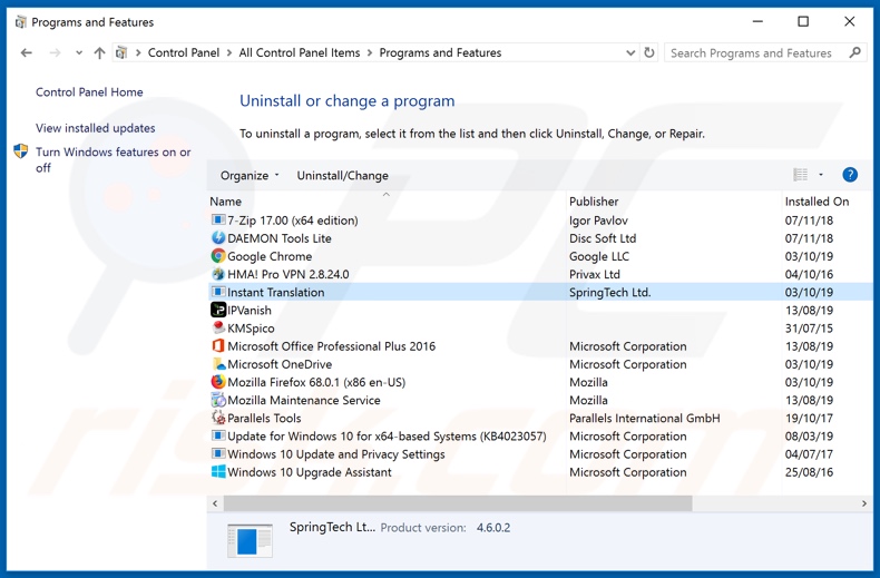 search.getfreetranslationstab.com browser hijacker uninstall via Control Panel