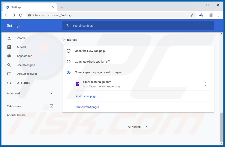 Removing sport.searchalgo.com from Google Chrome homepage