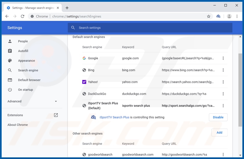 Removing sport.searchalgo.com from Google Chrome default search engine