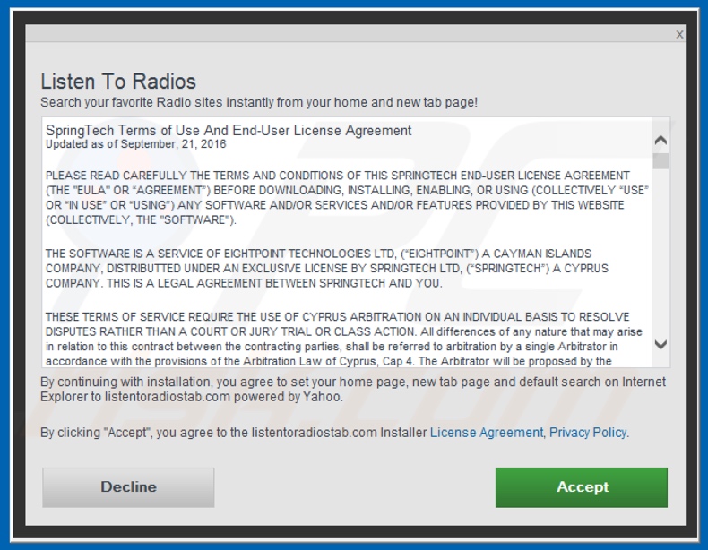 Official Listen To Radios browser hijacker installation setup
