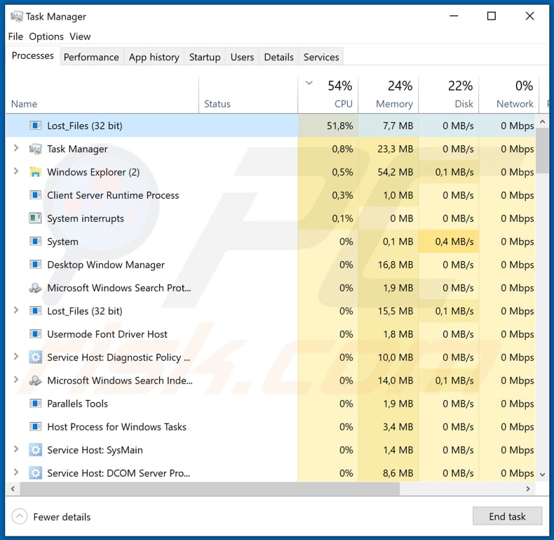 Lost_Files malicious process in Task Manager