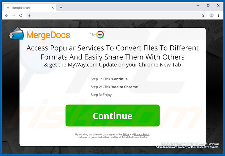 MergeDocsNow browser hijacker promoting website