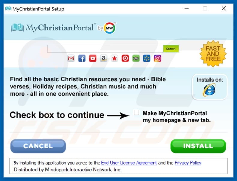 Official MyChristianPortal browser hijacker installation setup