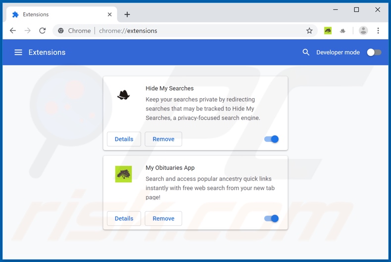Removing search.searchobituariestab.com related Google Chrome extensions